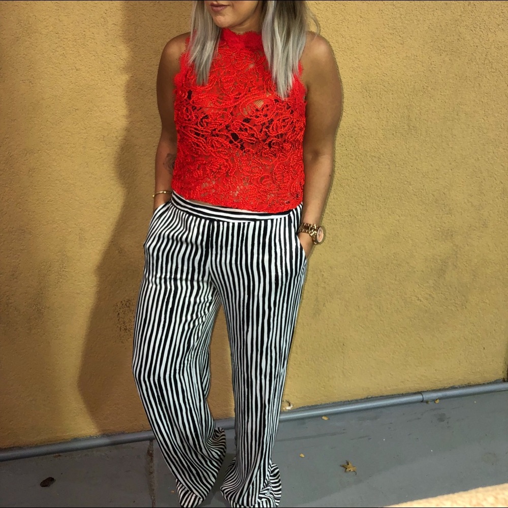 ZARA Black and White Striped Satin Wide Leg Pants